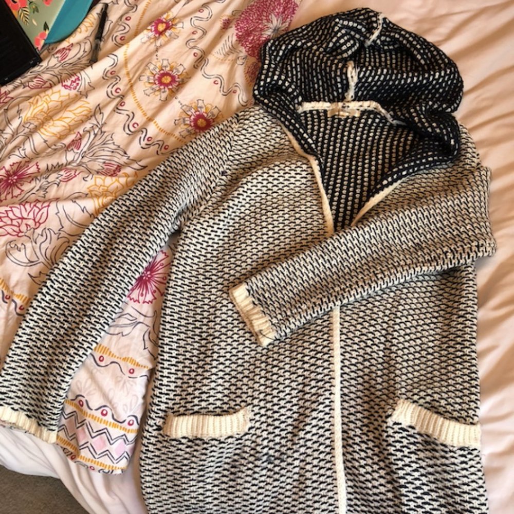 Navy and White Knit Sweater with Hood